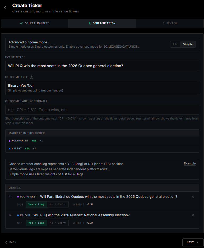 Step 2 of the ticker wizard: outcome mode, event title, and leg sides