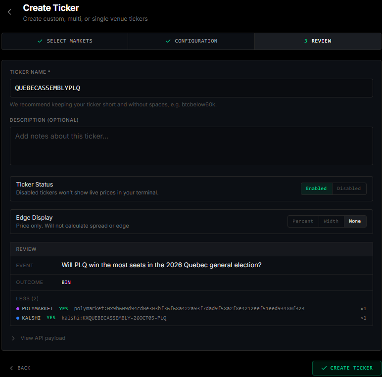 Step 3 of the ticker wizard: ticker name, enabled toggle, and edge display