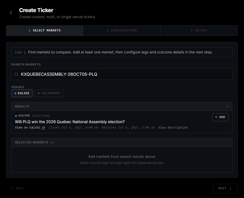 Searching for the Kalshi contract in the ArbEx ticker wizard