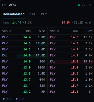 Market Depth panel showing a consolidated Level 2 book
