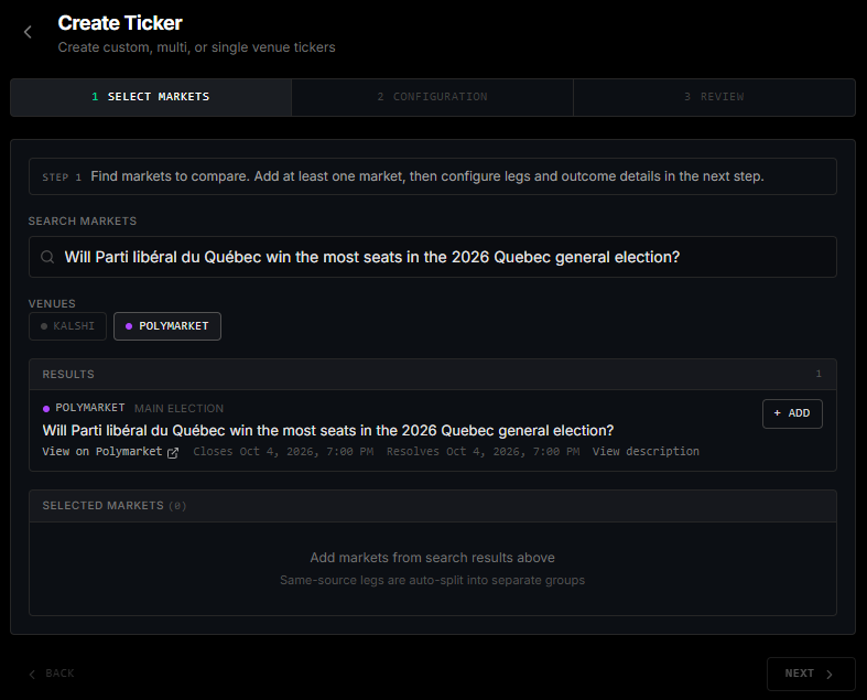 Searching for the Polymarket contract in the ArbEx ticker wizard