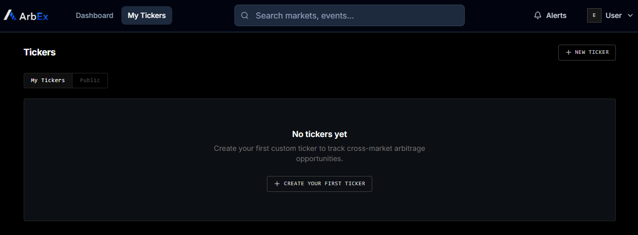 My Tickers page with the New Ticker button